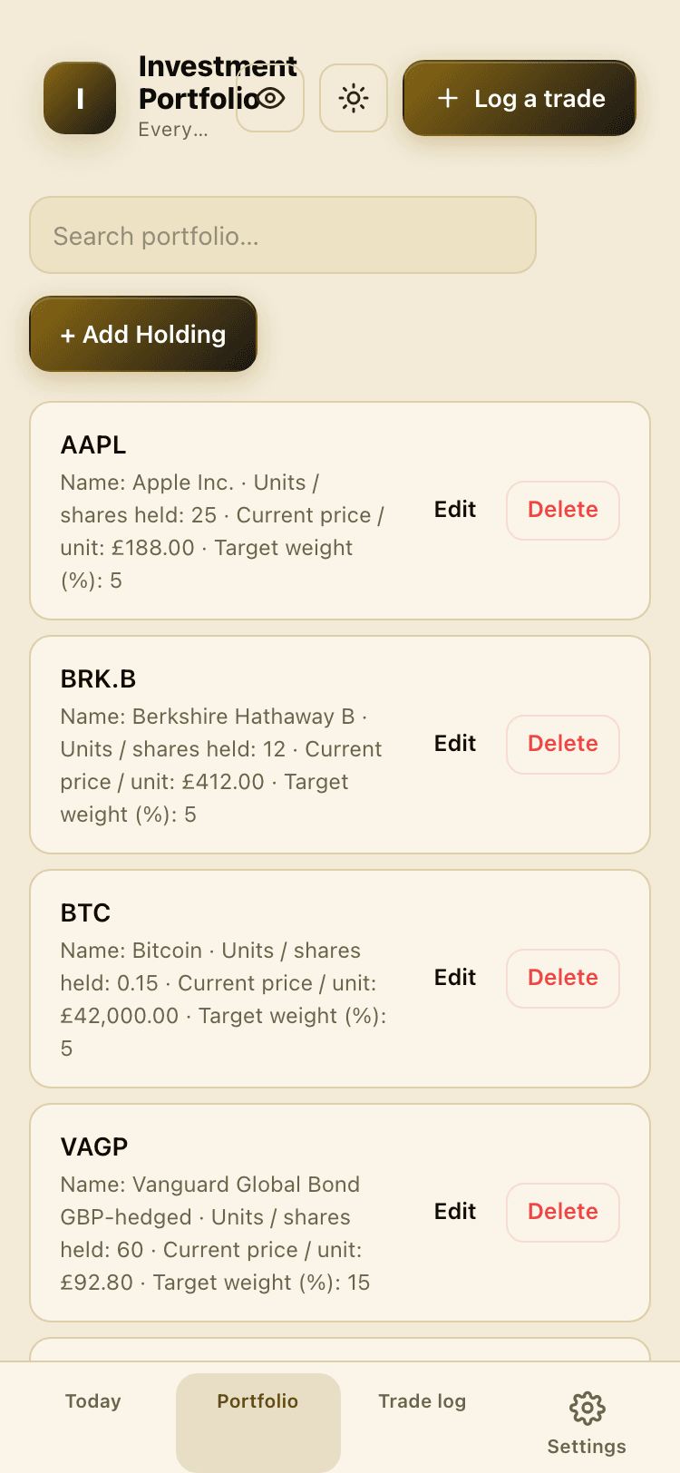 Portfolio screen