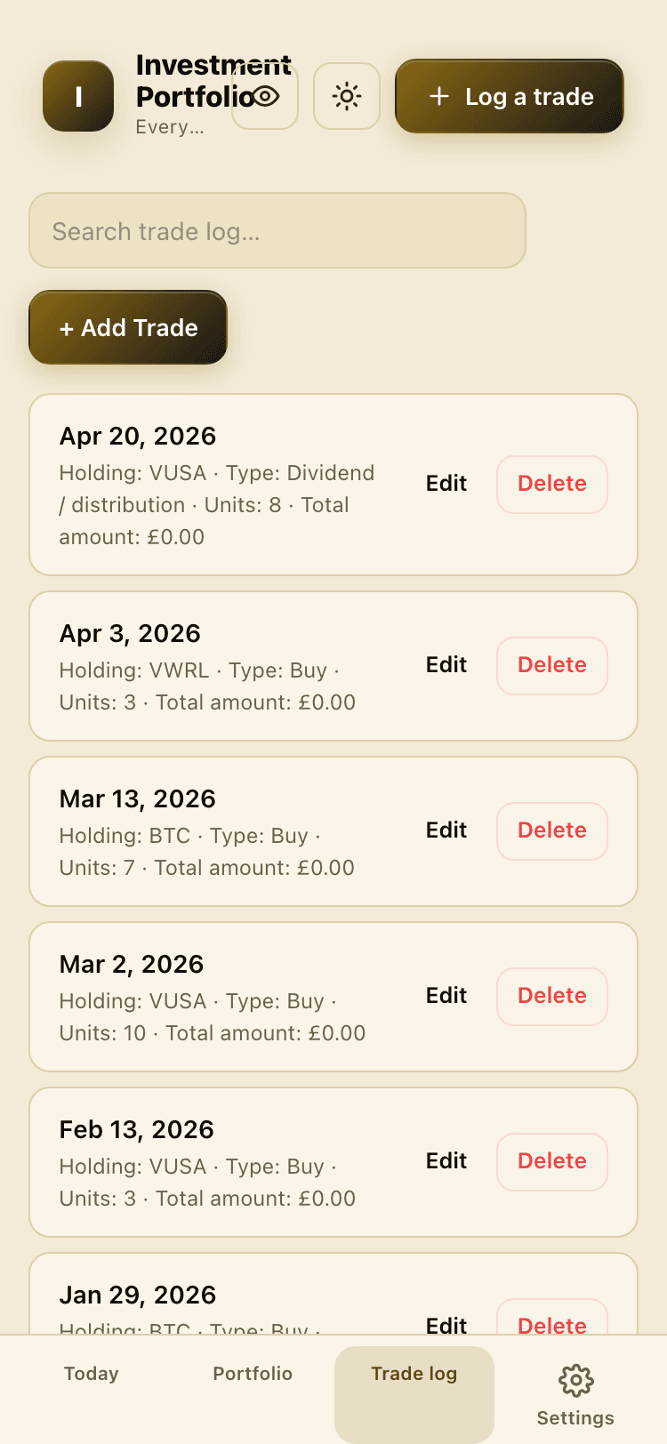 Trade log screen