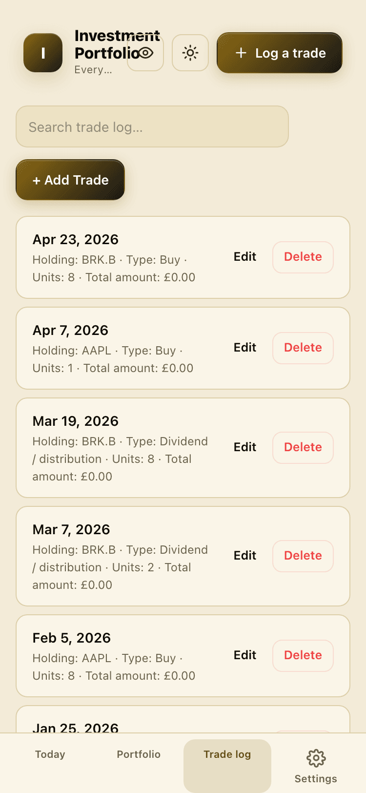 Trade log screen