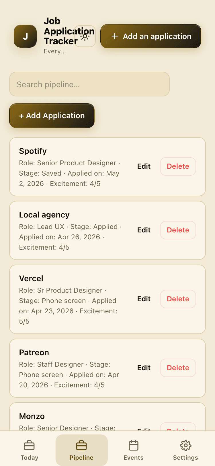 Pipeline screen