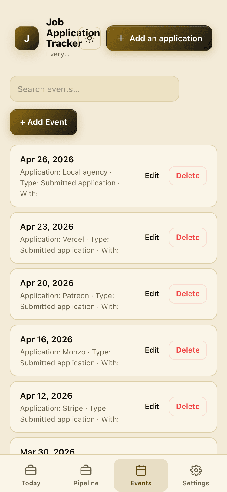 Events screen