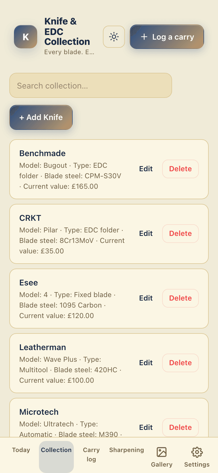 Collection screen