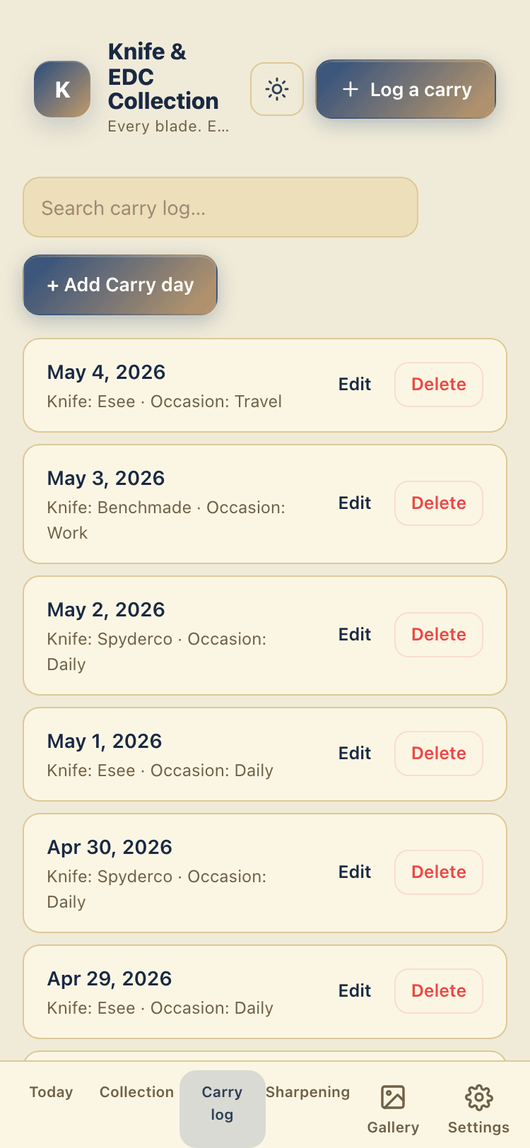 Carry log screen