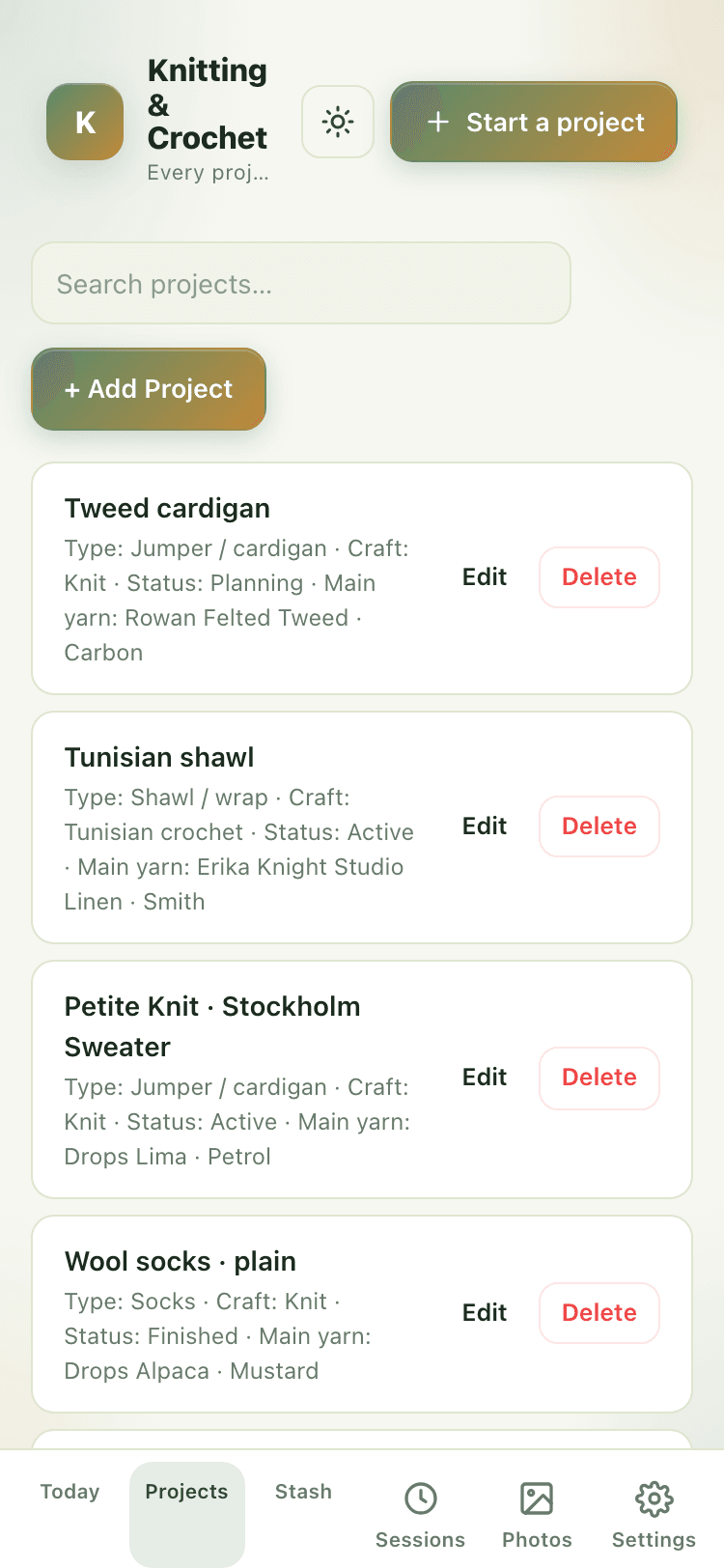 Projects screen
