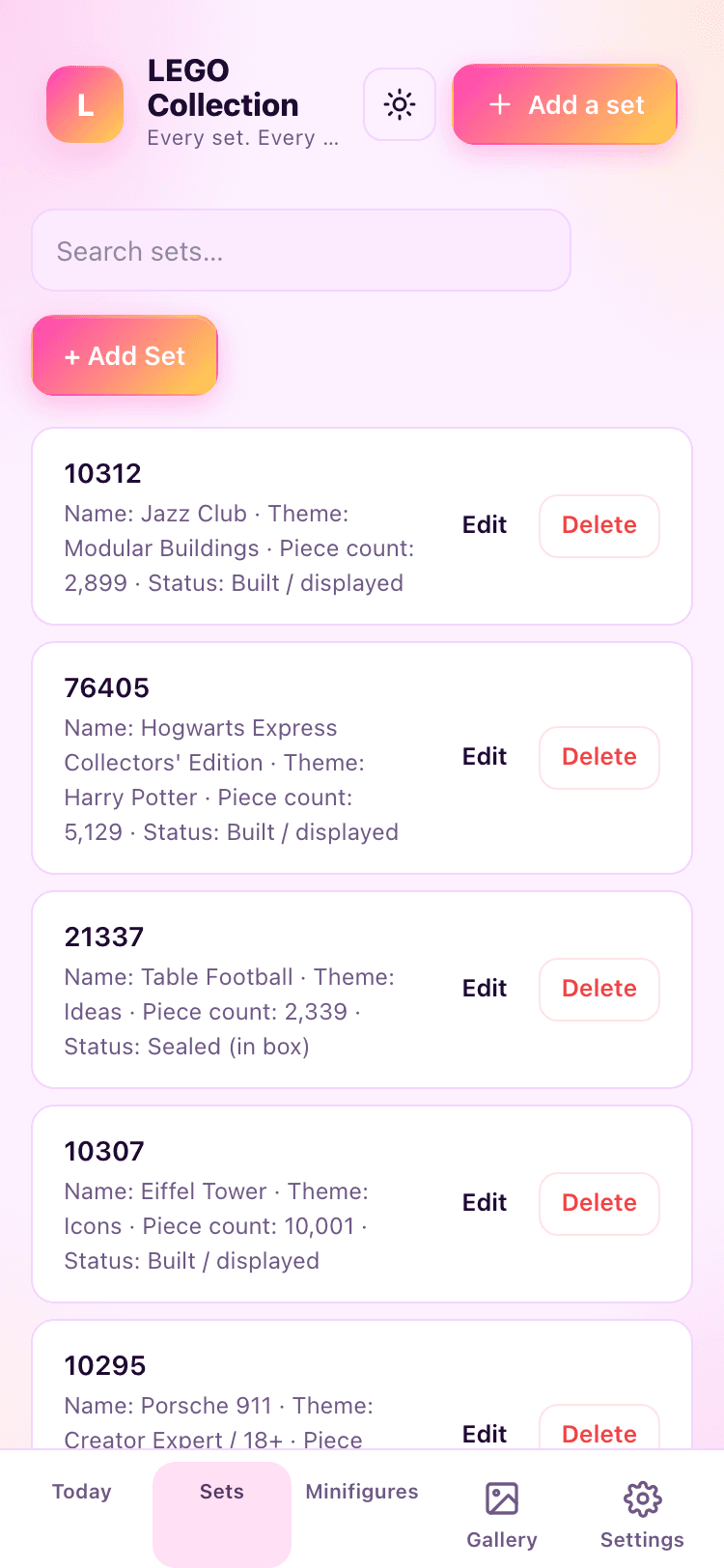 Sets screen