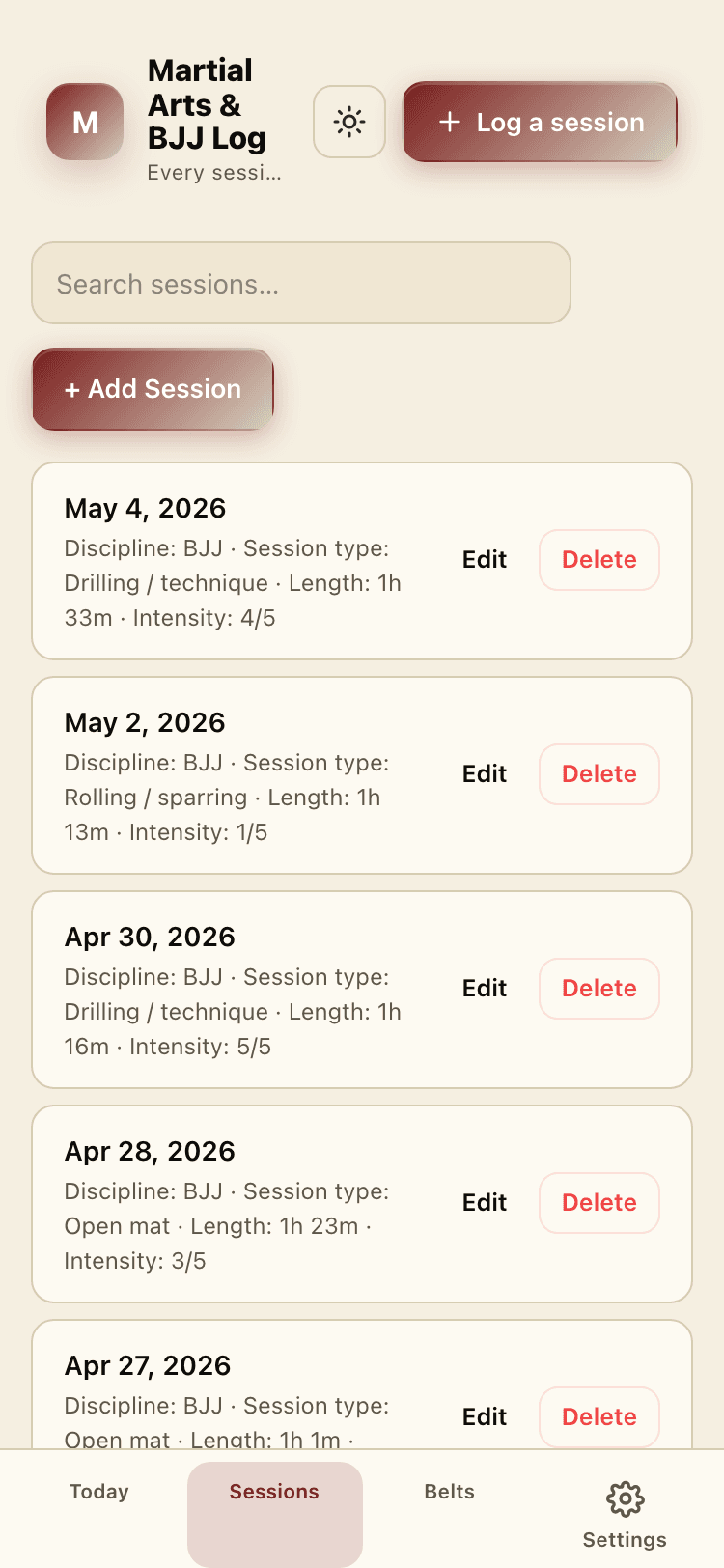 Sessions screen