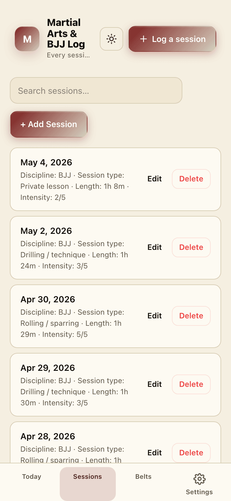 Sessions screen