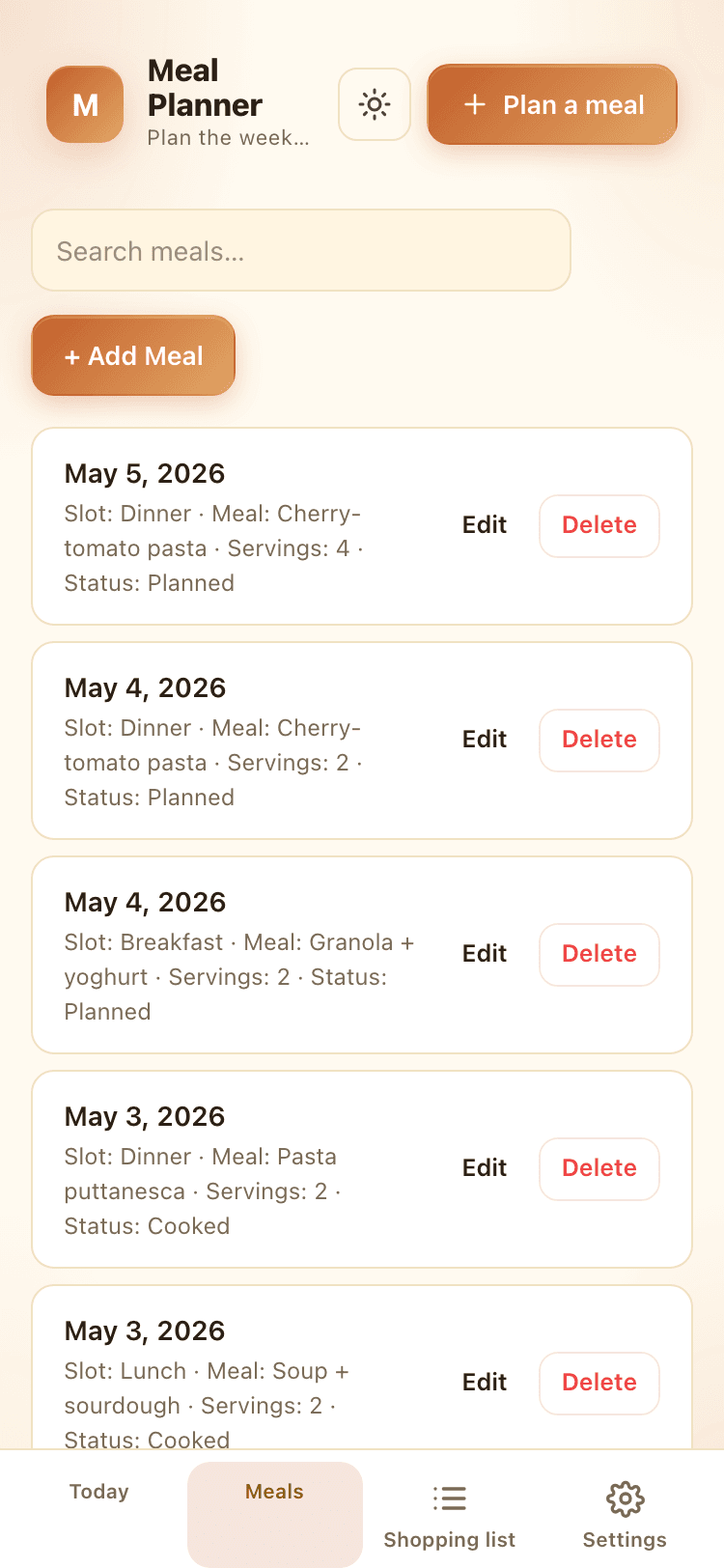 Meals screen
