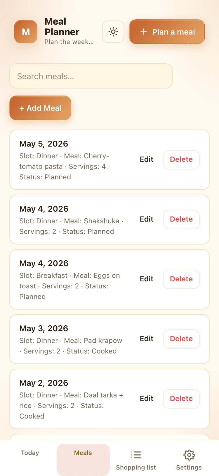 Meals screen