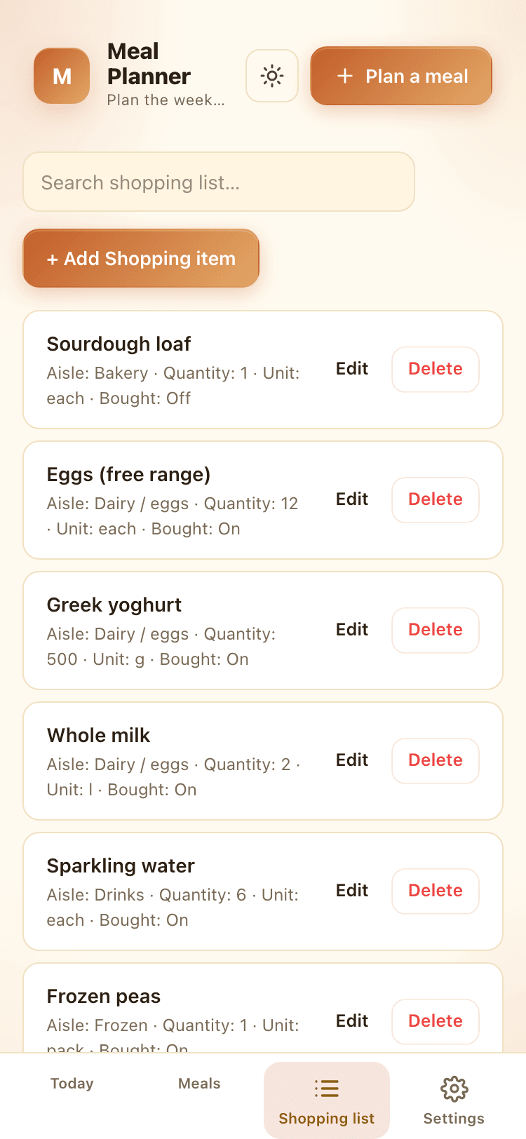 Shopping list screen
