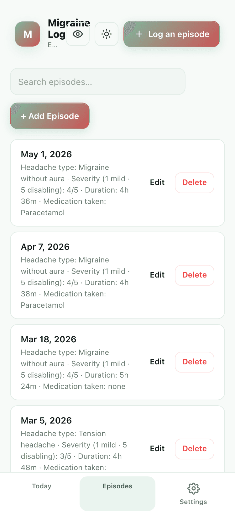 Episodes screen