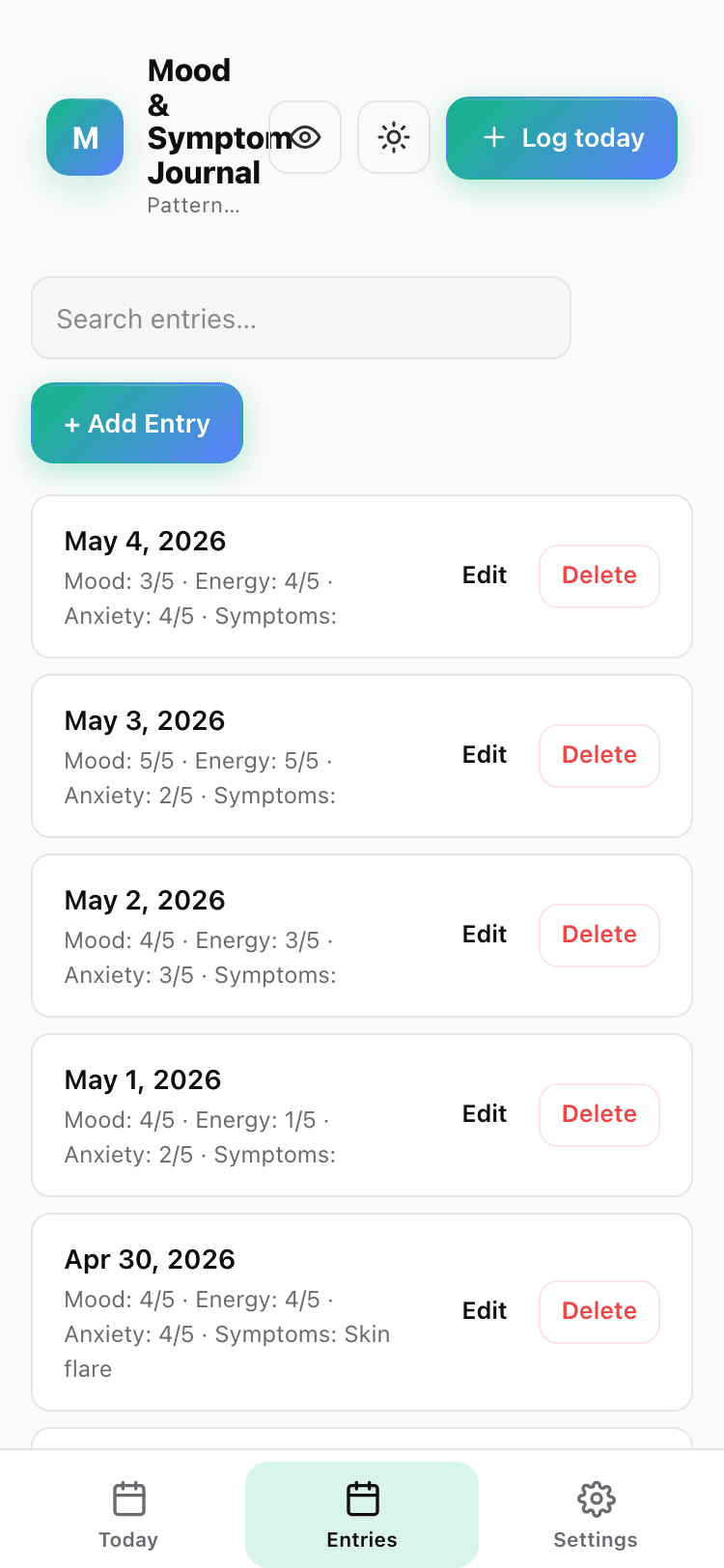 Entries screen