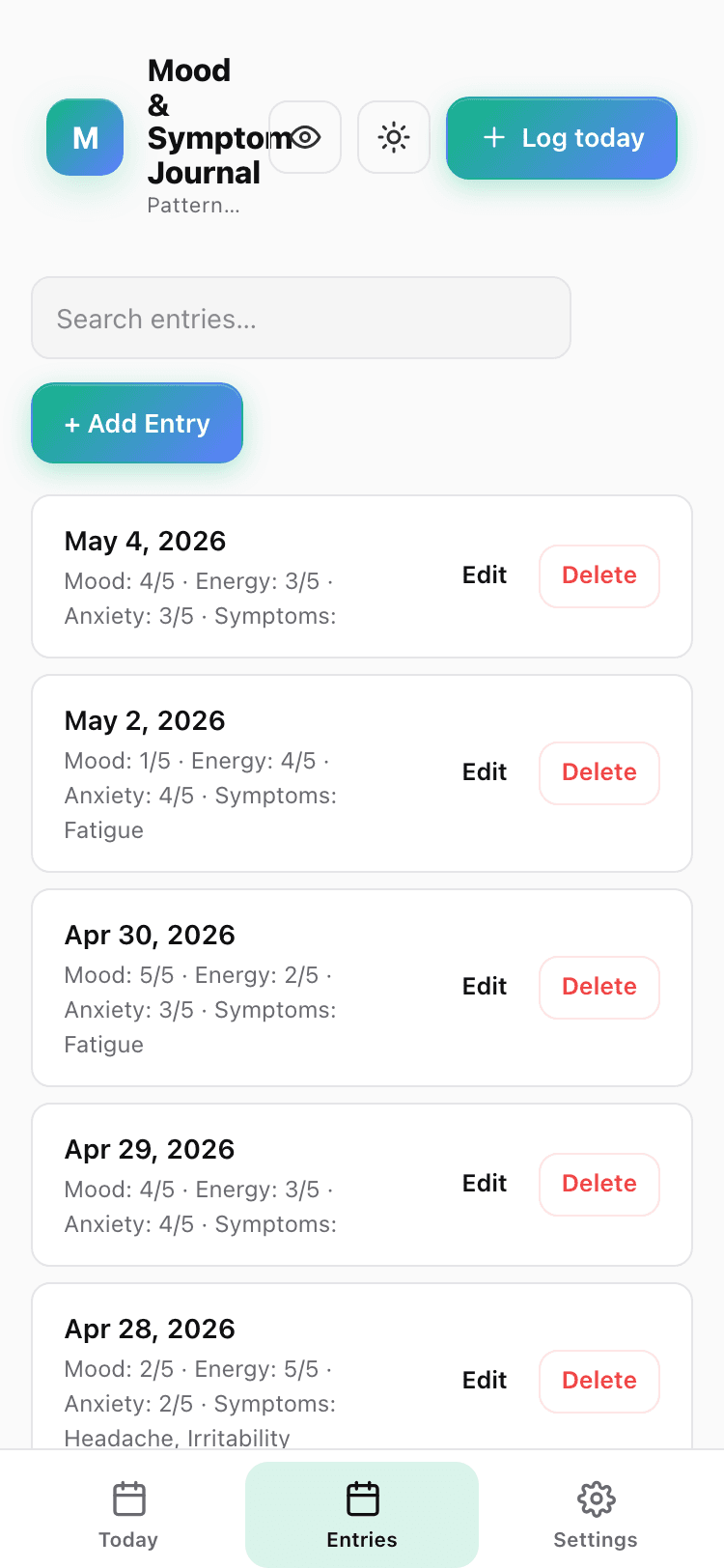 Entries screen