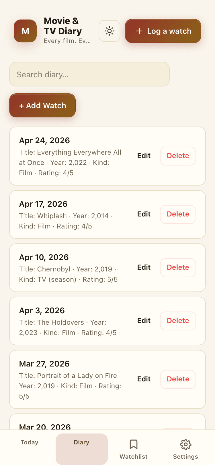Diary screen