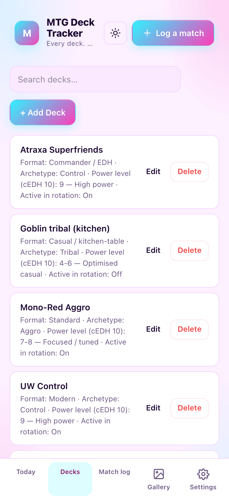 Decks screen