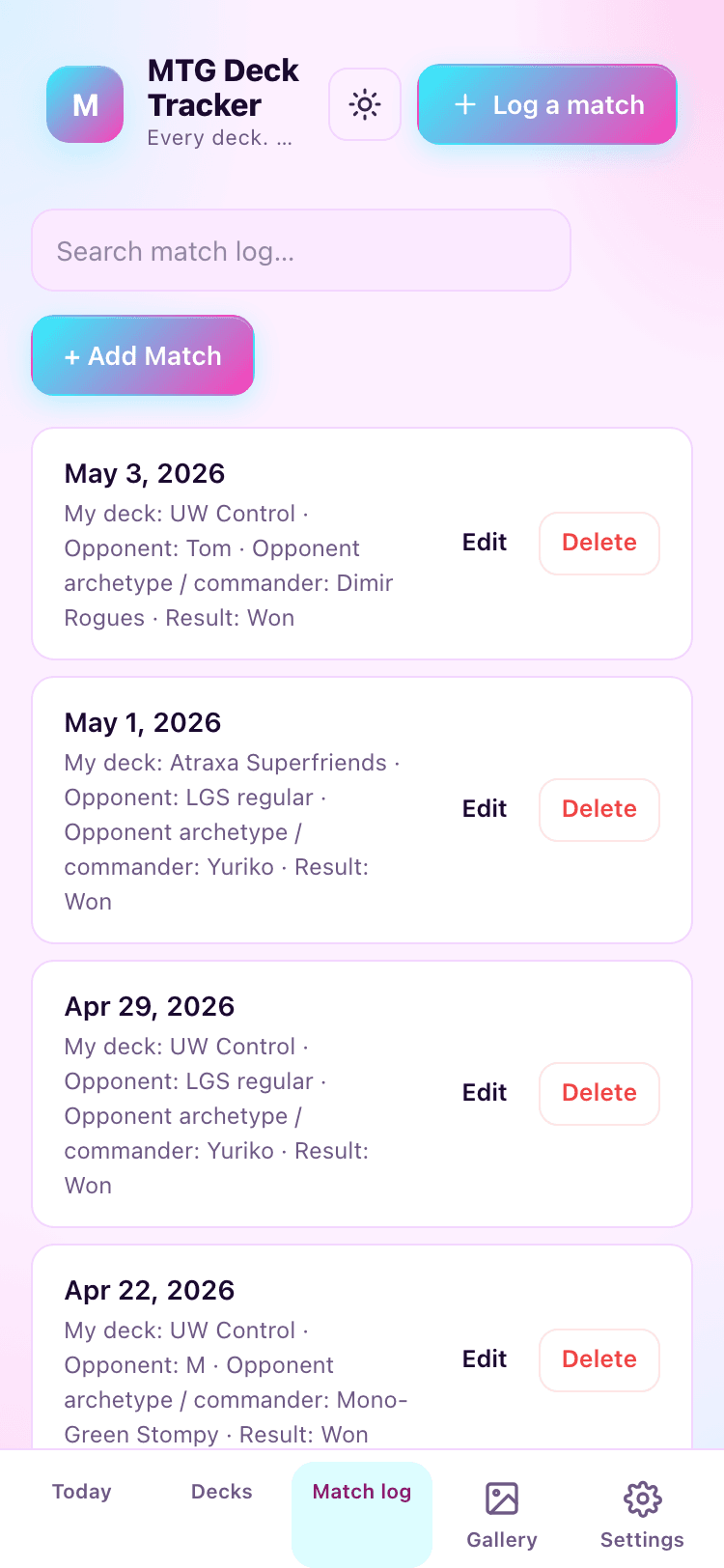 Match log screen