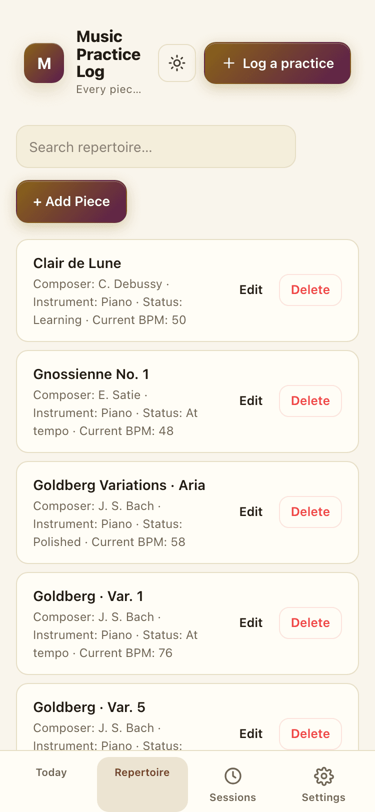 Repertoire screen