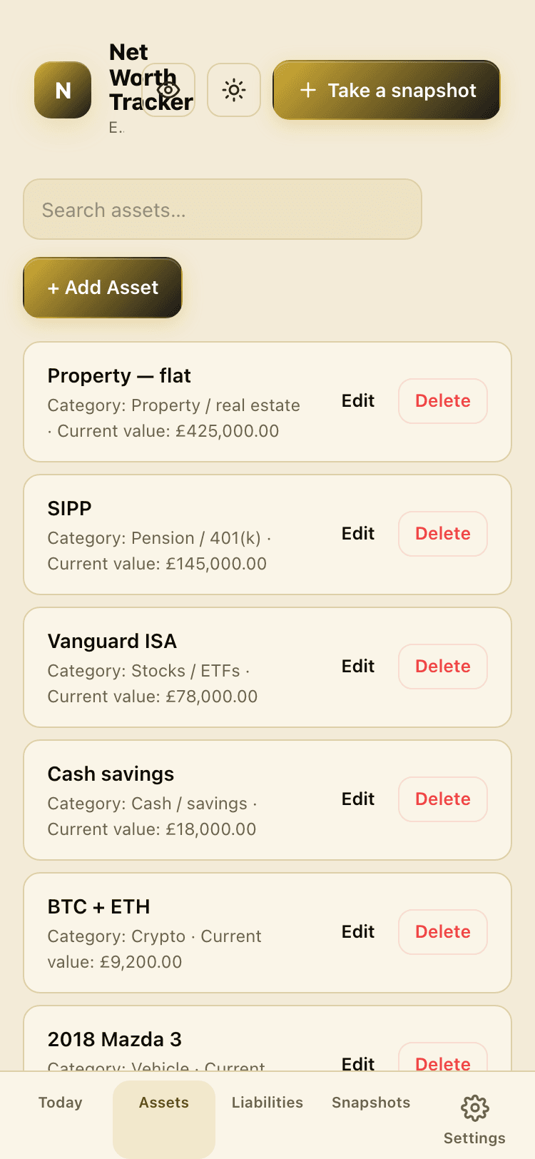 Assets screen