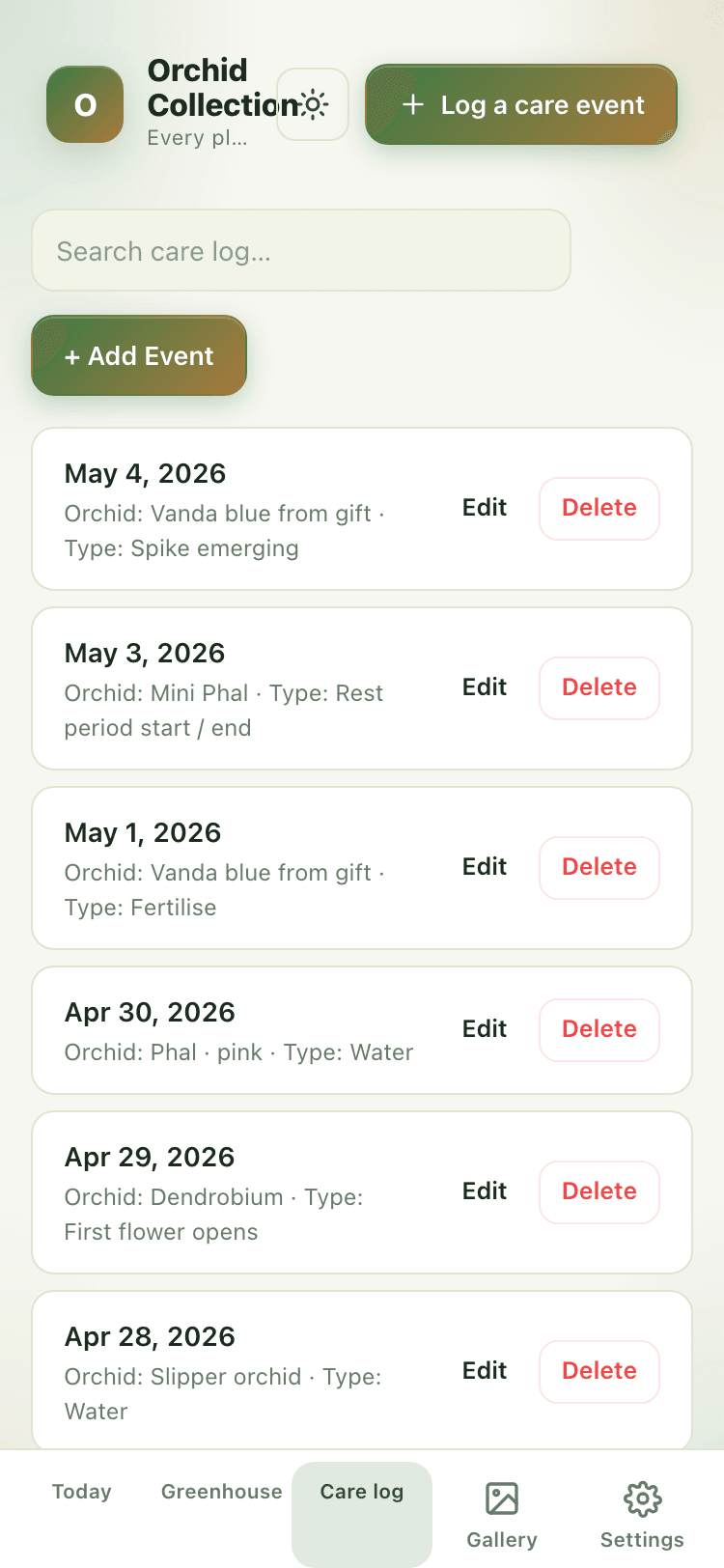 Care log screen