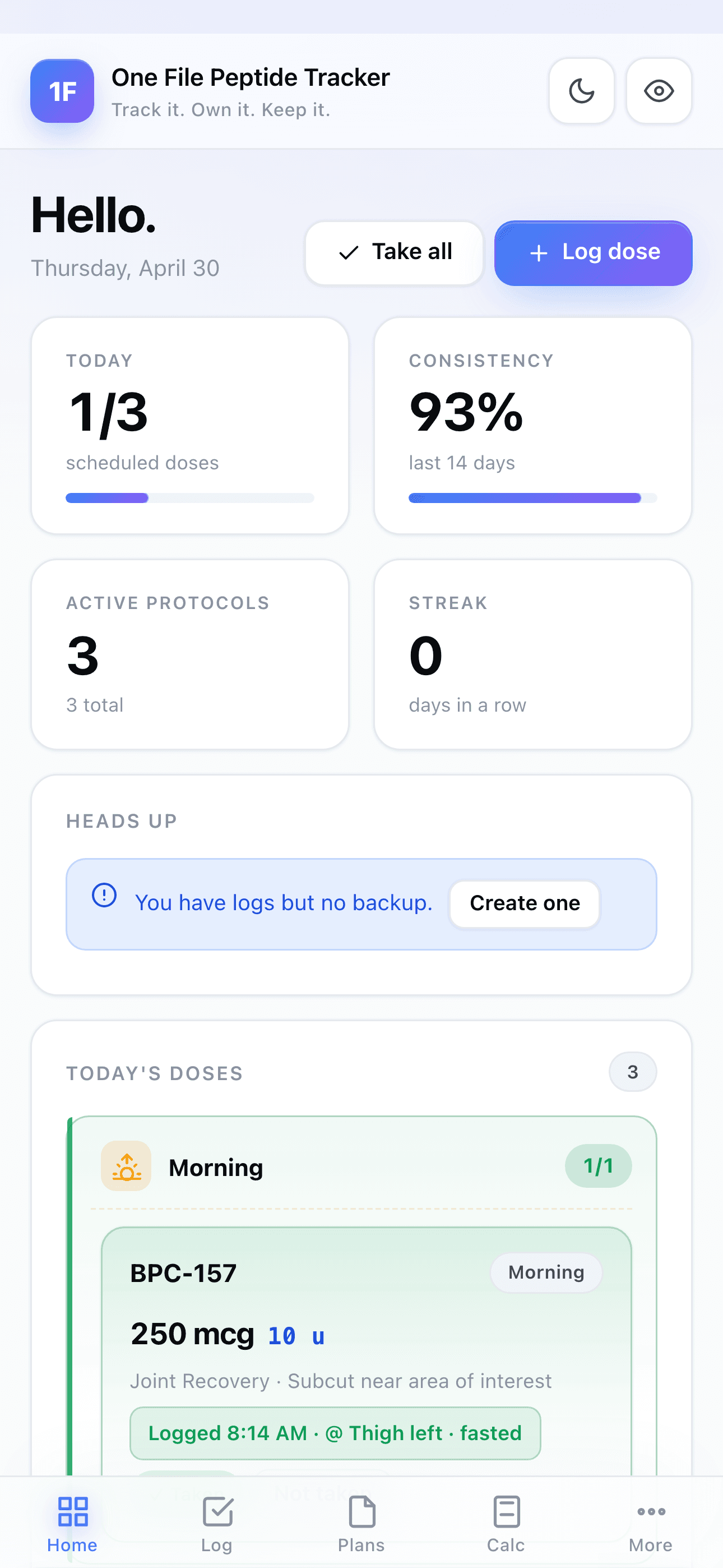 One File Peptide Tracker dashboard with today's doses, 93% consistency, and active protocols