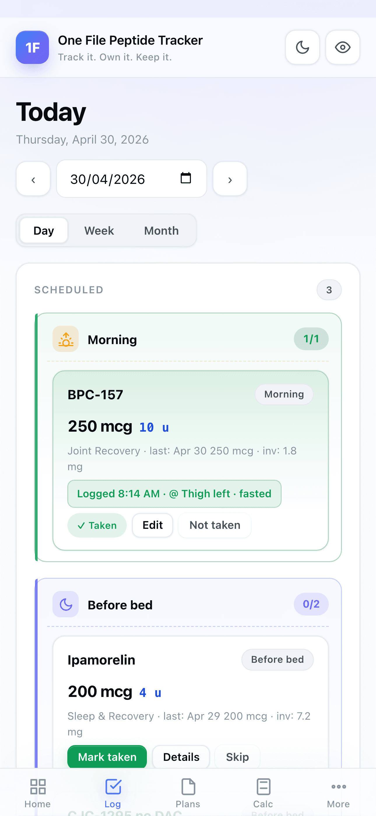 Logging the day's doses with morning and before-bed groupings