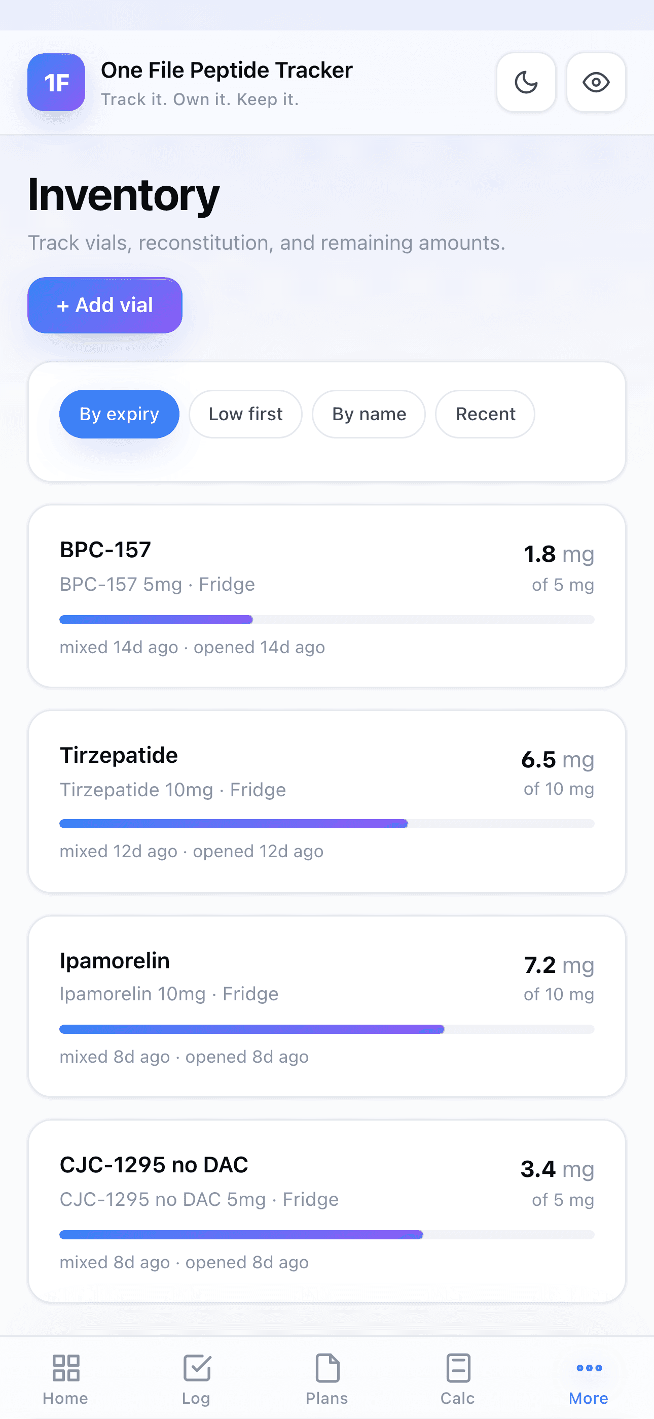 Inventory screen with vials of BPC-157, Tirzepatide, Ipamorelin, and CJC-1295 with remaining-mg bars