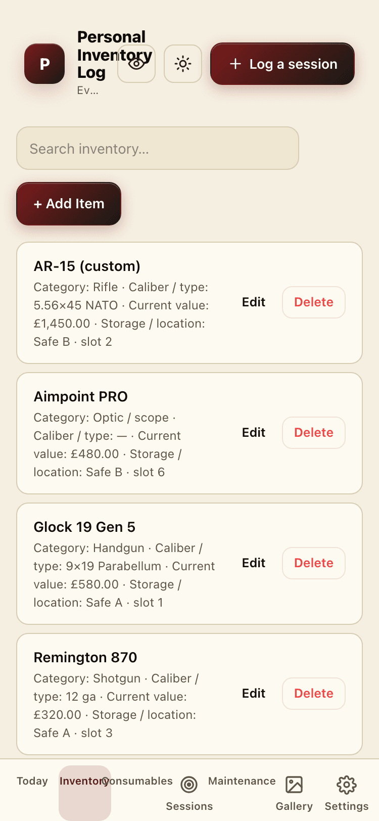 Inventory screen