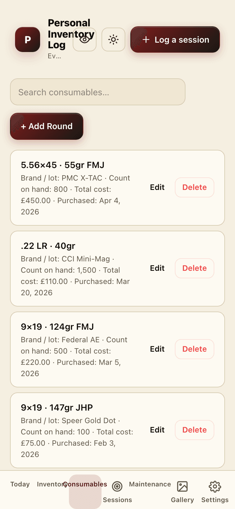 Consumables screen