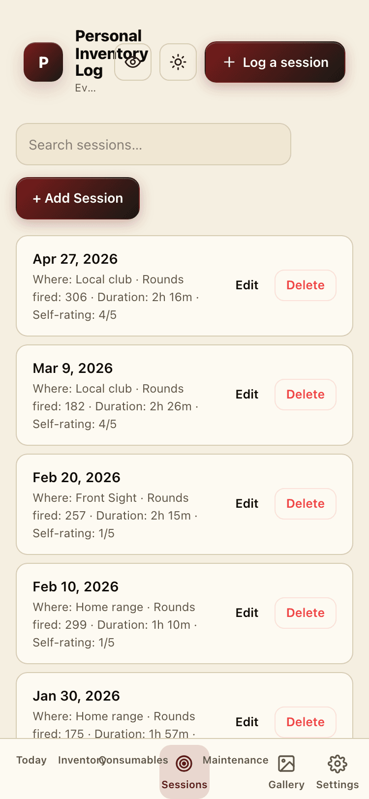 Sessions screen