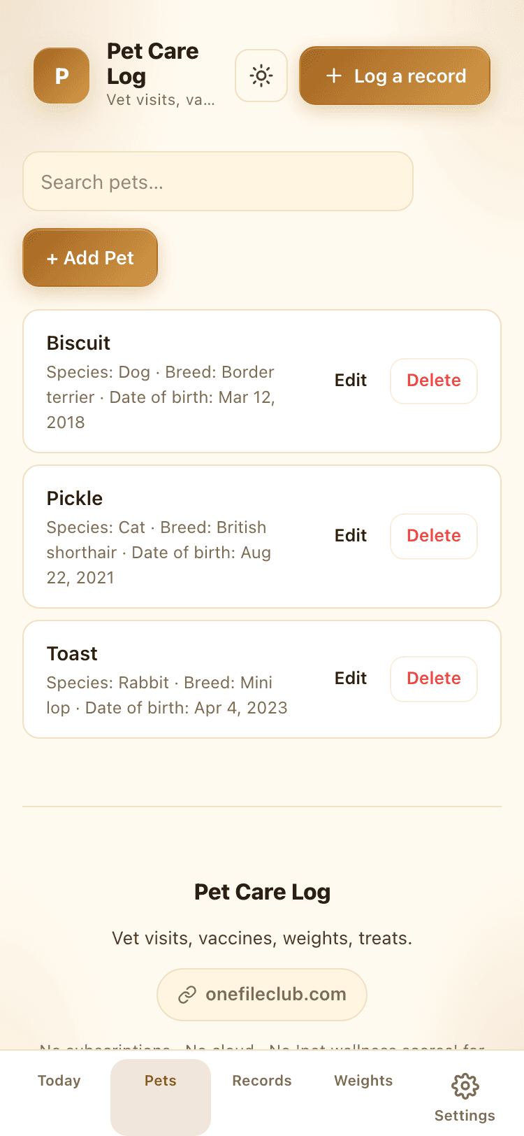 Pets screen