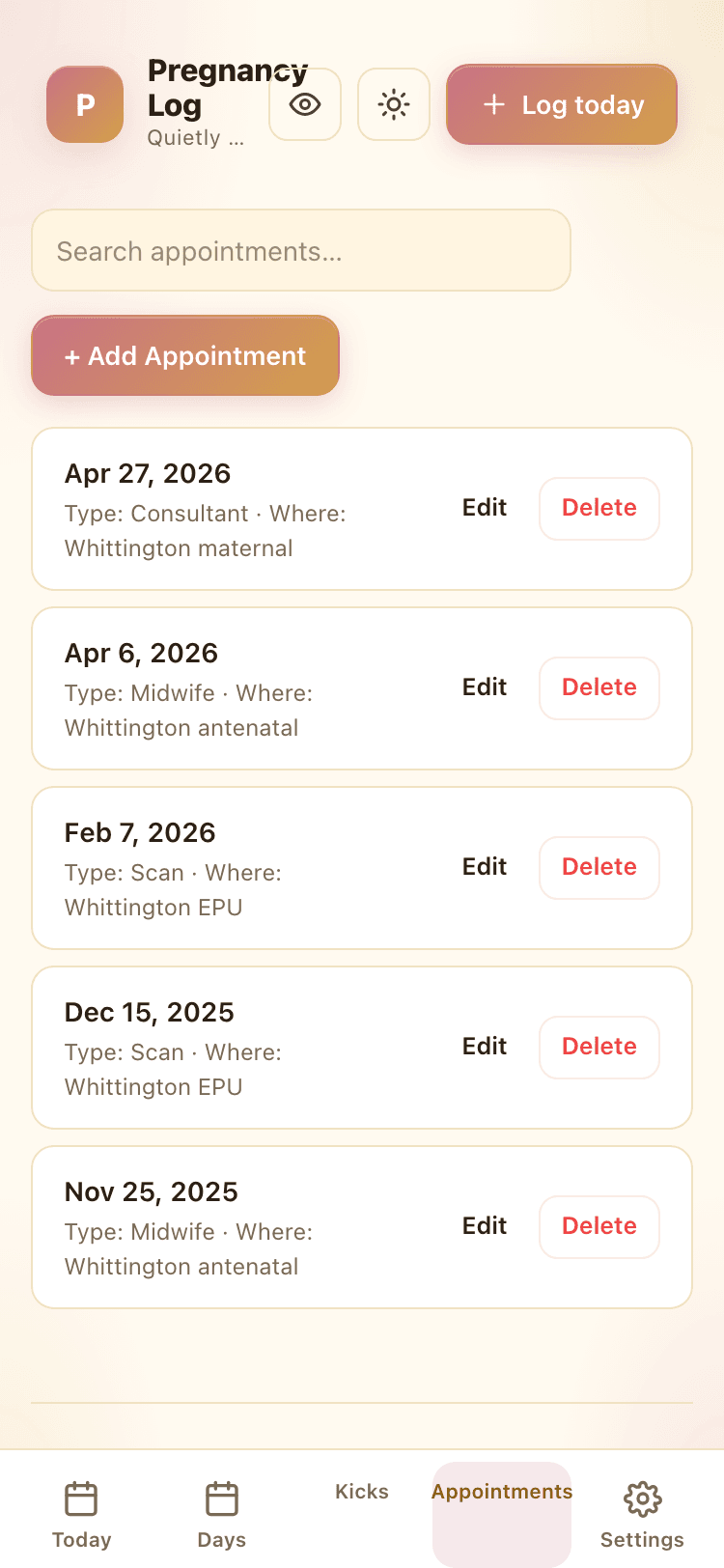 Appointments screen