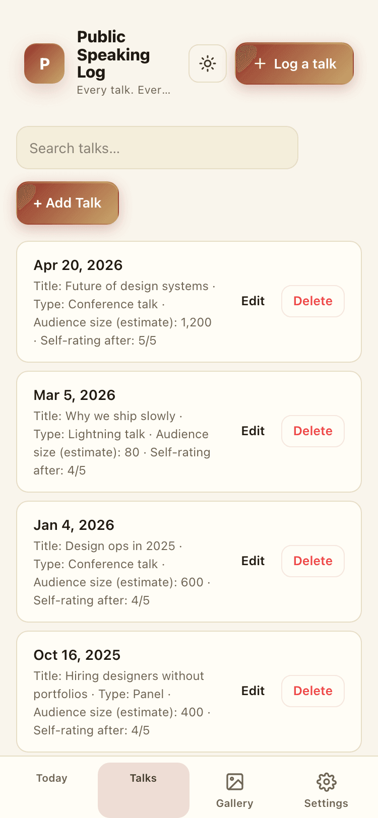Talks screen