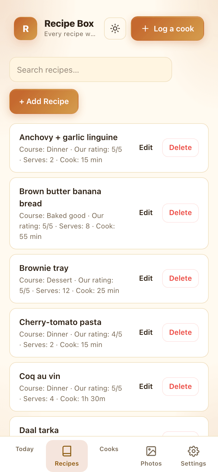Recipes screen