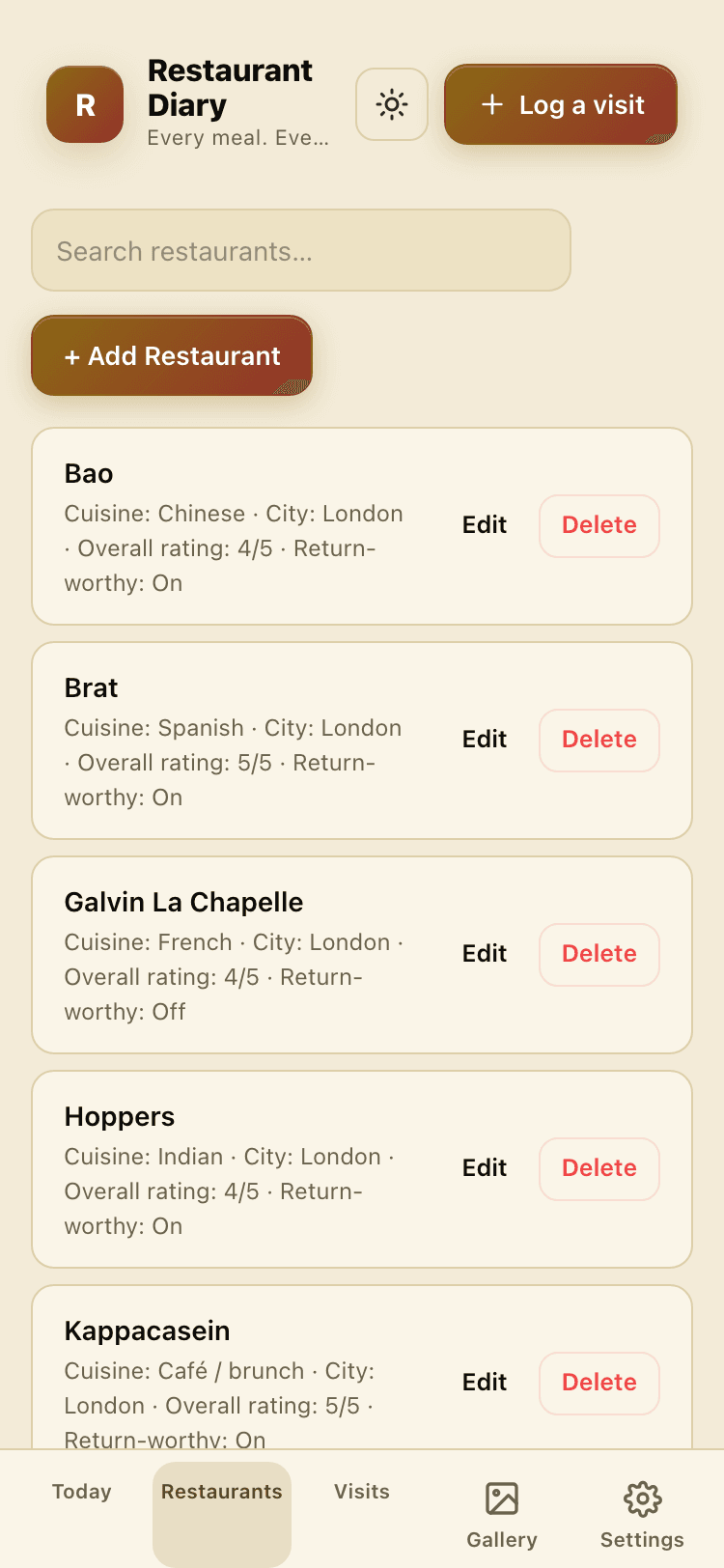 Restaurants screen