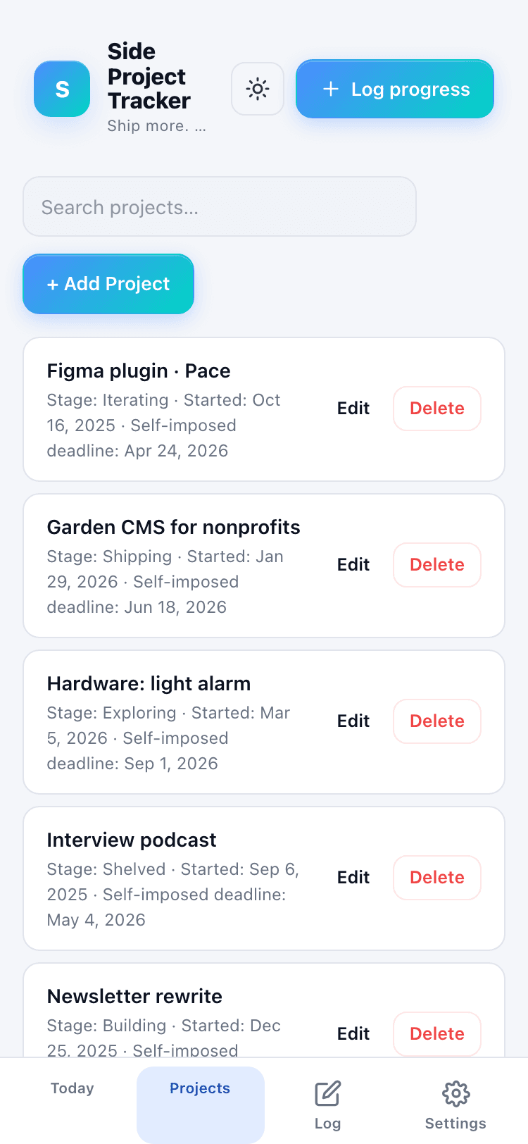 Projects screen