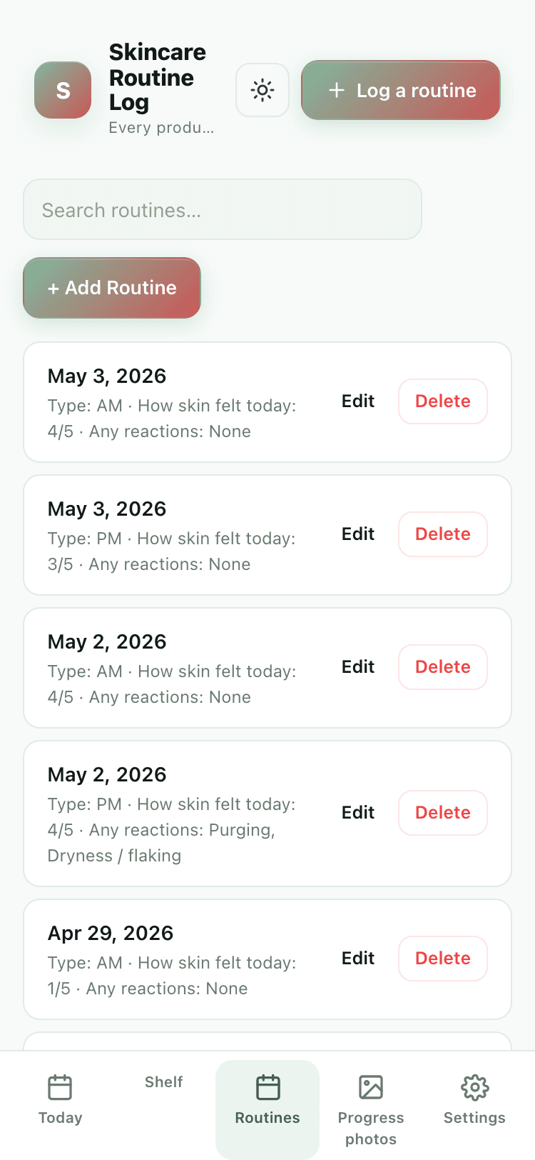 Routines screen