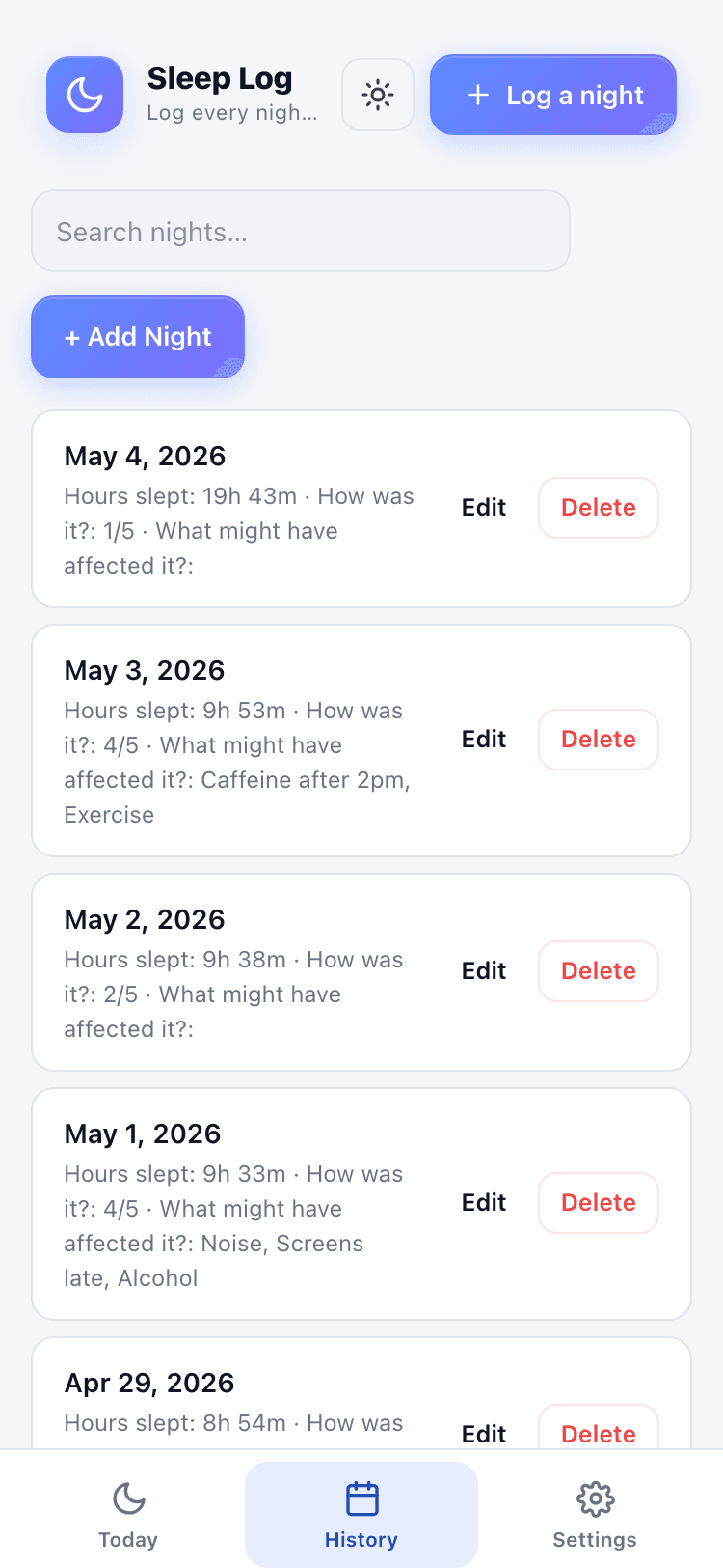 History screen