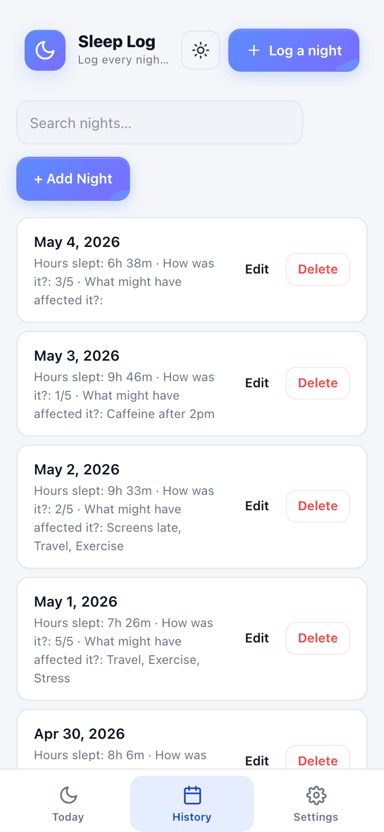 History screen