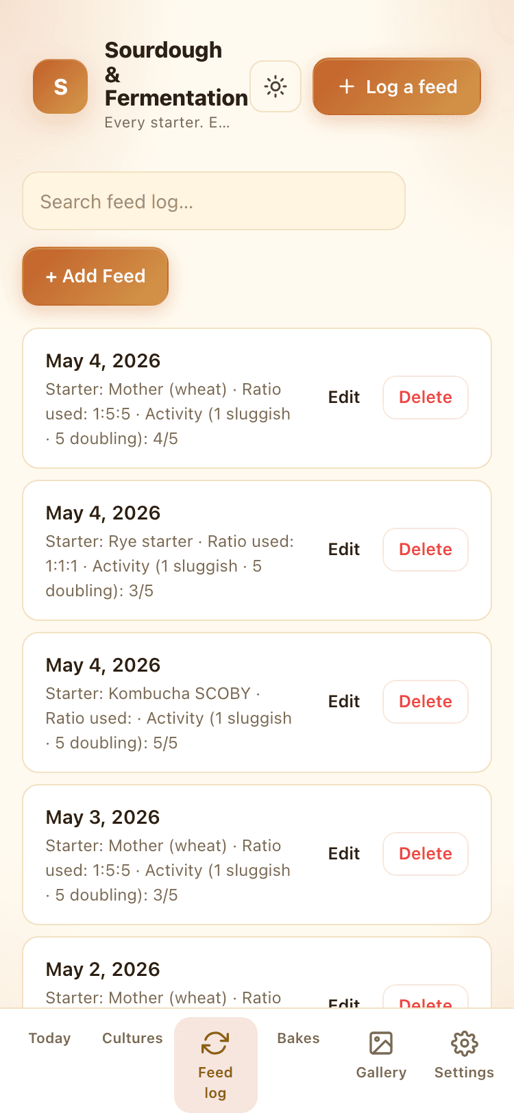 Feed log screen