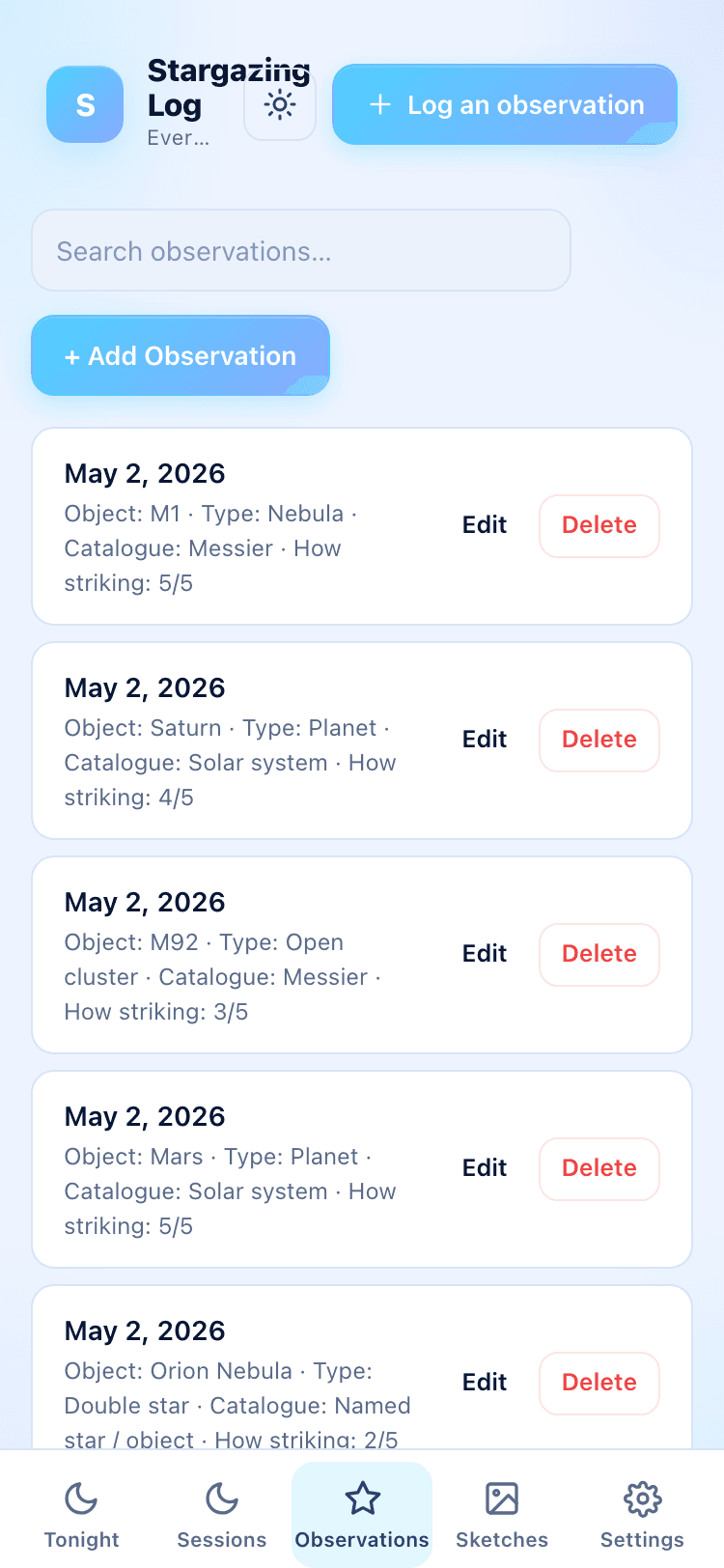 Observations screen