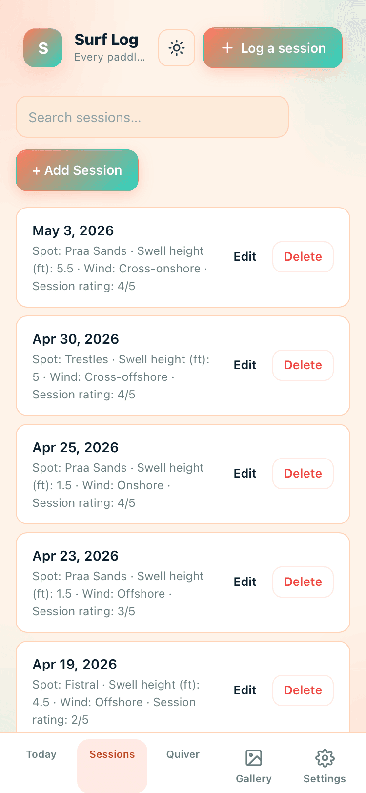Sessions screen