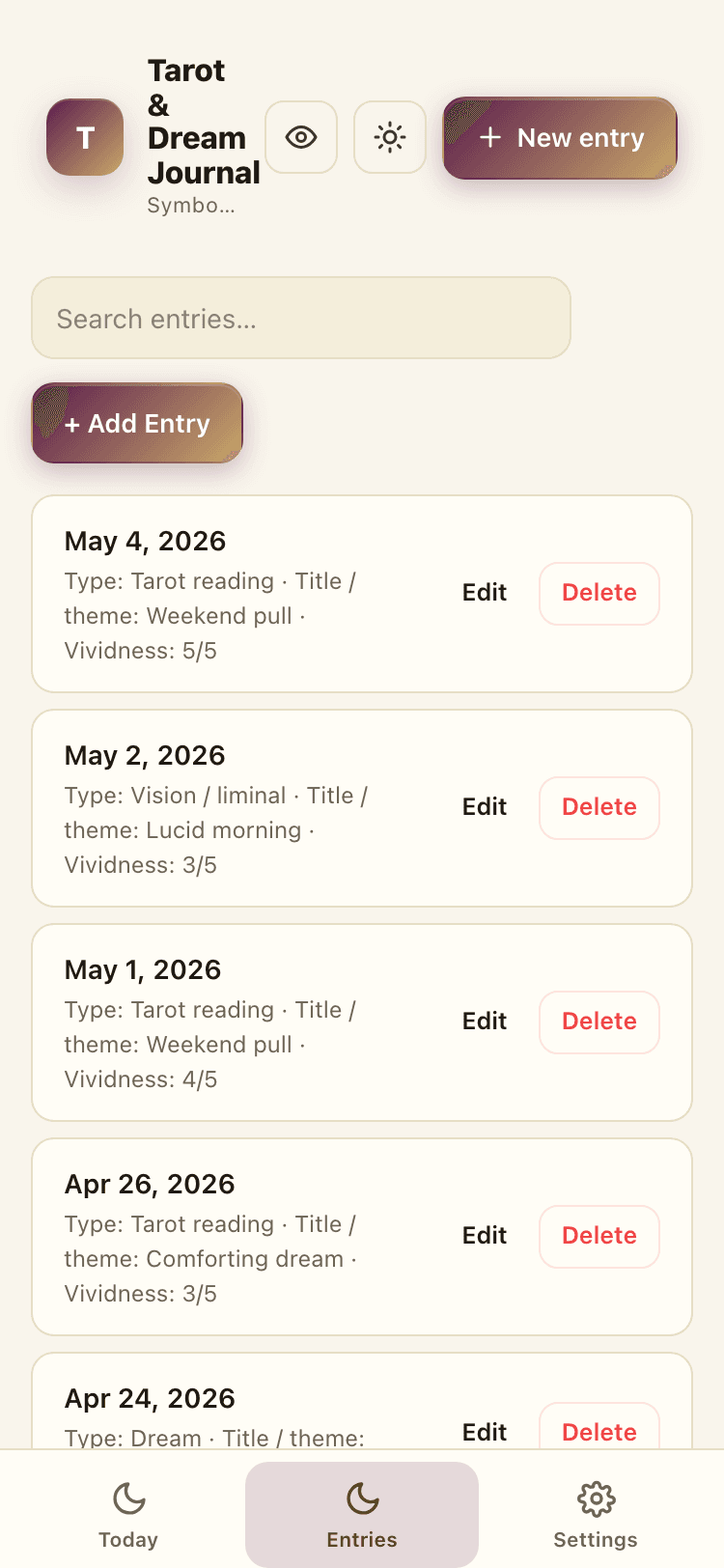 Entries screen