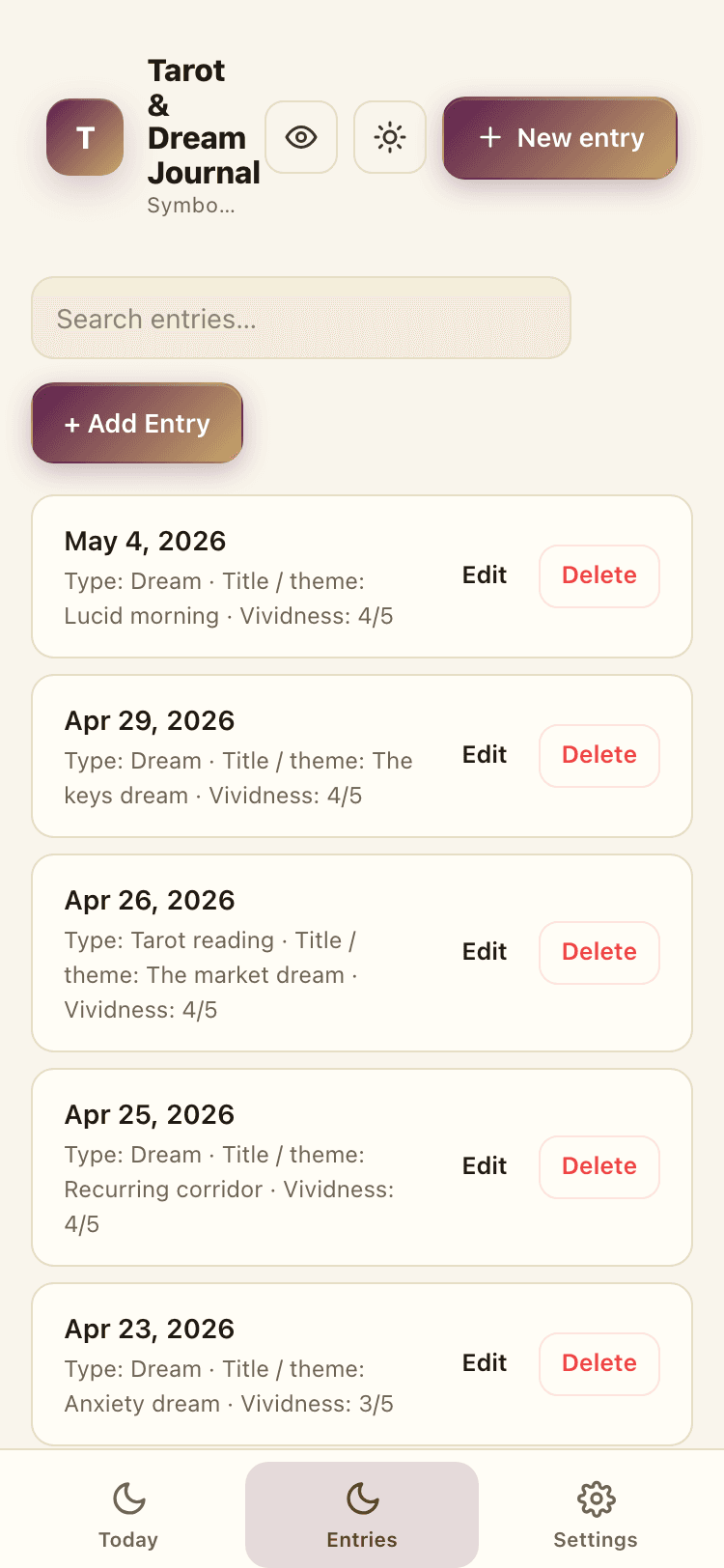 Entries screen
