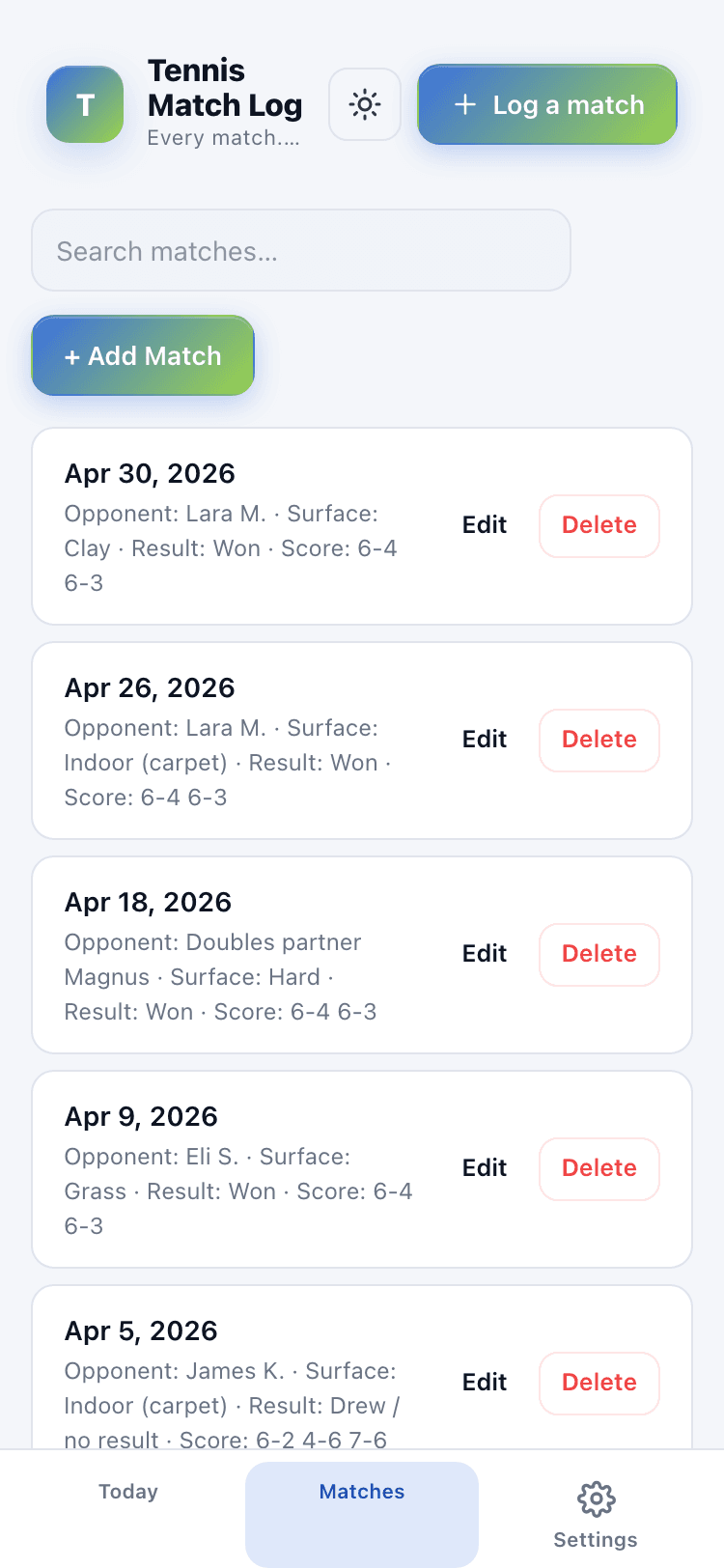 Matches screen
