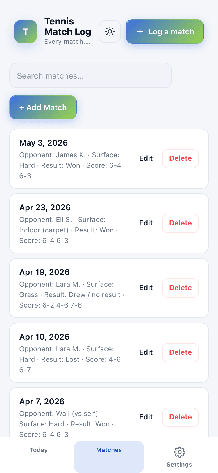 Matches screen