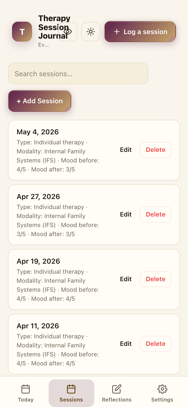Sessions screen