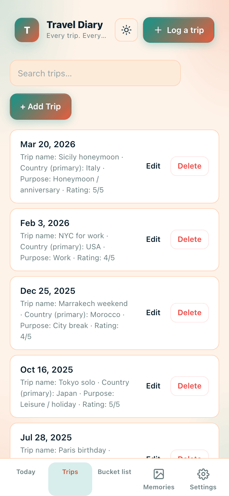 Trips screen