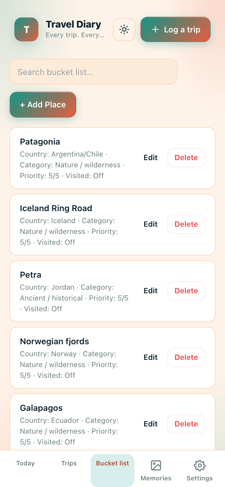 Bucket list screen