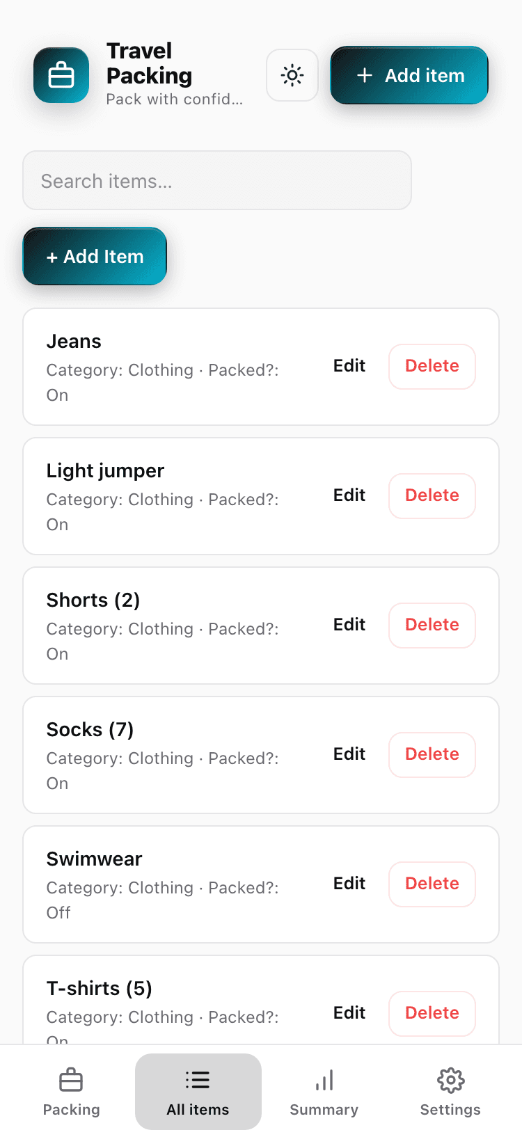 All items screen