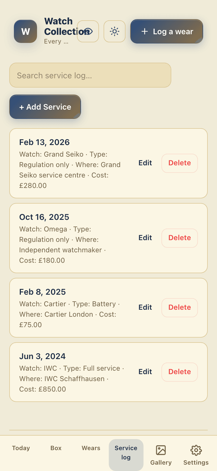 Service log screen